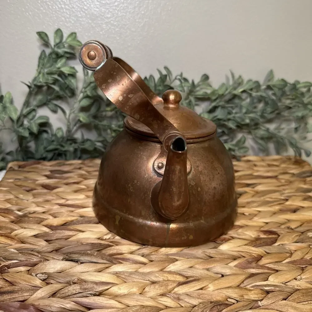B&M Portugal Copper Tea Kettle Wood Handle Lidded Tin Lined 7” Farmhouse Vtg